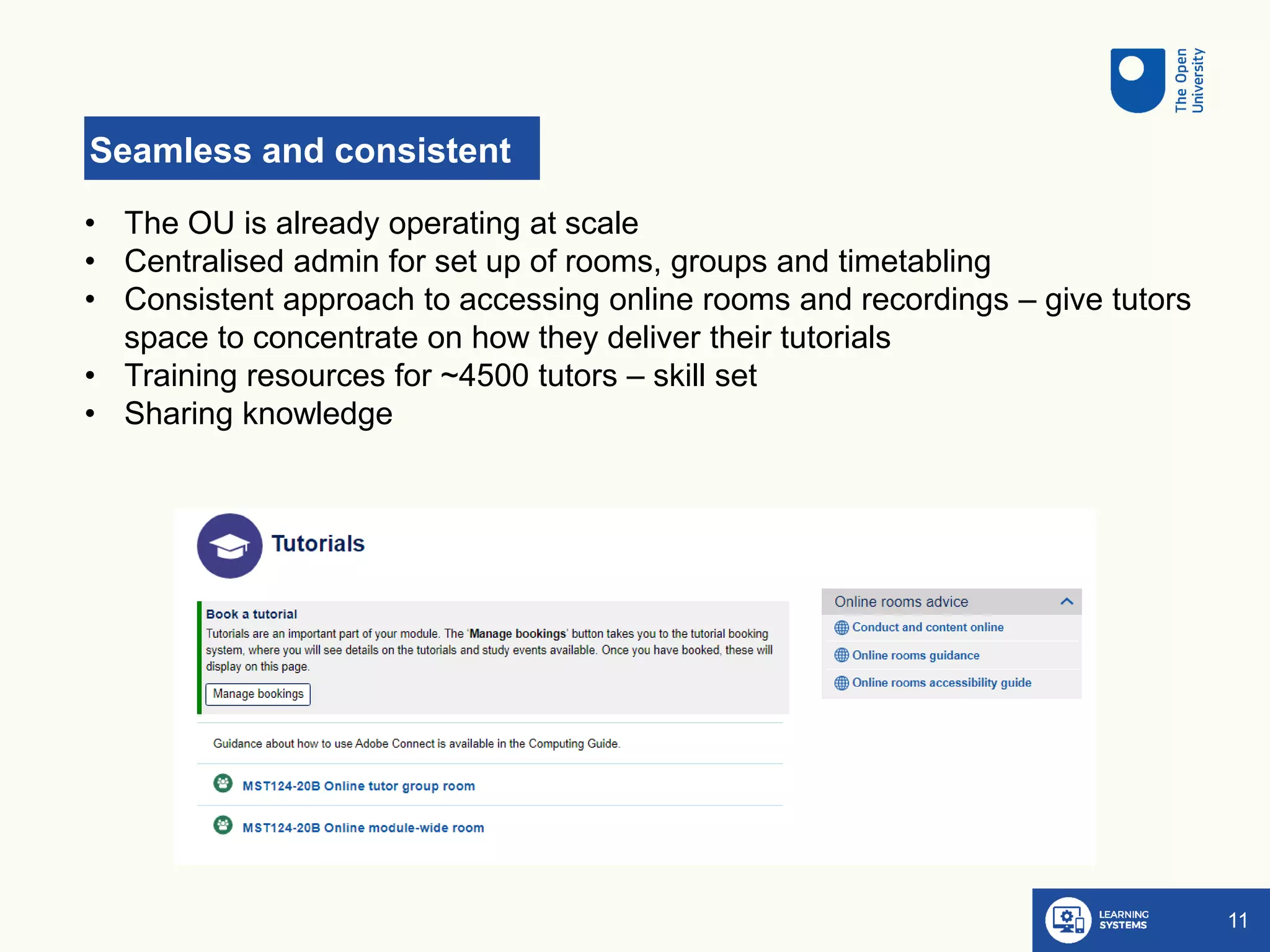 Seamless and consistent
11
• The OU is already operating at scale
• Centralised admin for set up of rooms, groups and timetabling
• Consistent approach to accessing online rooms and recordings – give tutors
space to concentrate on how they deliver their tutorials
• Training resources for ~4500 tutors – skill set
• Sharing knowledge
 
