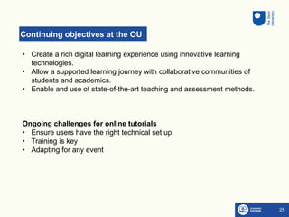 Continuing objectives at the OU
25
• Create a rich digital learning experience using innovative learning
technologies. ​
•...