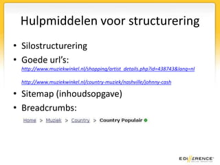 III. Inhoud (content)ZoekwoordenDie woorden die je (potentiële) bezoekers en klanten gebruiken om jouw producten en diensten te vinden.Keyword tools (b.v. Google)Je eigen website statistiekenVragen aan je klantenen verkopersKijk bij de concurrentie