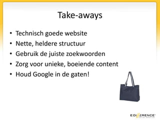 IV. Externe links“Zoekmachines zien links als een stem van een andere site naar jouw site. Hoe meer sites op jouw site stemmen, hoe belangrijker jouw site moet zijn…”“Externe links van relevante, goed gewaardeerde sites zijn meerwaard”