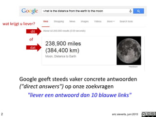Google geeft steeds vaker concrete antwoorden
("direct answers") op onze zoekvragen
"liever een antwoord dan 10 blauwe lin...