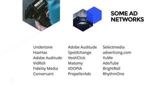 41
SOME AD
NETWORKS
Undertone
HaxHax
Adobe Auditude
VidRoll
Fidelity Media
Conversant
Adobe Auditude
SpotXchange
VeohClick
Matomy
VDOPIA
PropellerAds
Selectmedia
advertising.com
YuMe
AdoTube
BrightRoll
RhythmOne
 