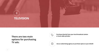 42
6
TELEVISION
There are two main
options for purchasing  
TV ads:
Purchase directly from your local broadcast station
or local cable provider.
Use an advertising agency to purchase spots on your behalf.
 