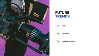 53
FUTURE 
TRENDS
AUGMENTED REALITY
360 VIDEO
LIVE
 