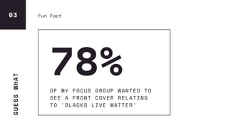 GUESSWHAT
78%OF MY FOCUS GROUP WANTED TO
SEE A FRONT COVER RELATING
TO 'BLACKS LIVE MATTER'
03 Fun Fact
 