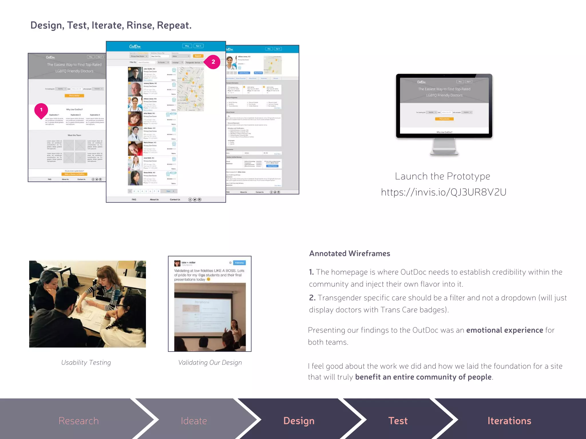 Design, Test, Iterate, Rinse, Repeat.
Usability Testing
Launch the Prototype
Research Ideate Design Test Iterations
1. The homepage is where OutDoc needs to establish credibility within the
community and inject their own flavor into it.
2. Transgender specific care should be a filter and not a dropdown (will just
display doctors with Trans Care badges).
Annotated Wireframes
Presenting our findings to OutDoc was an emotional experience for both
teams.
I feel good about the work we did and how we laid the foundation for a site
that will truly benefit an entire community of people.
2
1
https://invis.io/QJ3UR8V2U
Validating Our Design
 