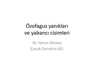 Özofagus yanıkları
ve yabancı cisimleri
   Dr. Harun Gürsoy
  Çocuk Cerrahisi AD.
 