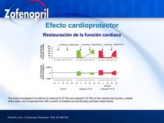 Efecto cardioprotector
                                            Restauración de la función cardíaca
                                                                       Ischemia       Reperfusion        Ischemia    Reperfusion        Ischemia       Reperfusion
                                pressure (mmHg)
                                 Left ventricular

                                                      100
                                                       80
                                                       60
                                                       40
                                                       20
                                                        0
                                dp/dt (mmHg/sec)
                                 Left ventricular




                                                    +3,500


                                                        0


                                                    -3,500

                                                             -30   0     30      60     90   -30     0     30   60     90   -30     0     30      60    90
                                                                                                                                        Minutes
                                                                       Control                      Captopril 10-6 M              Zofenopril 10-6 M




The study investigated the effects of zofenopril (10-6 M) and captopril (10-6 M) on the mechanical function, cellular
redox state, and norepinephrine (NE) content of isolated and aerobically perfused rabbit hearts.




Ferrari R. et al.; J Cardiovasc Pharmacol. 1992; 20: 694-704
 