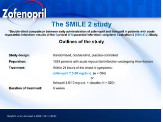 The SMILE 2 study
  “Double-blind comparison between early administration of zofenopril and lisinopril in patients with acute
myocardial infarction: results of the Survival of Myocardial Infarction Long-term Evaluation 2 (SMILE-2) Study.

                                                      Outlines of the study

  Study design:                                Randomised, double-blind, placebo-controlled
  Population:                                  1024 patients with acute myocardial infarction undergoing thrombolysis
  Treatment:                                   Within 24 hours of the onset of symptoms:
                                               zofenopril 7.5-30 mg b.i.d. (n = 504)
                                                                            or
                                               lisinopril 2.5-10 mg o.d. + placebo (n = 520)
  Duration of treatment:                       6 weeks




 Borghi C. et al.; Am Heart J. 2003; 145 (1): 80-87
 