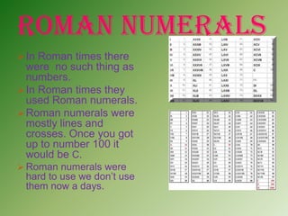 Roman numerals
 In Roman times there

were no such thing as
numbers.
 In Roman times they
used Roman numerals.
 Roman numerals were
mostly lines and
crosses. Once you got
up to number 100 it
would be C.
 Roman numerals were

hard to use we don’t use
them now a days.

 