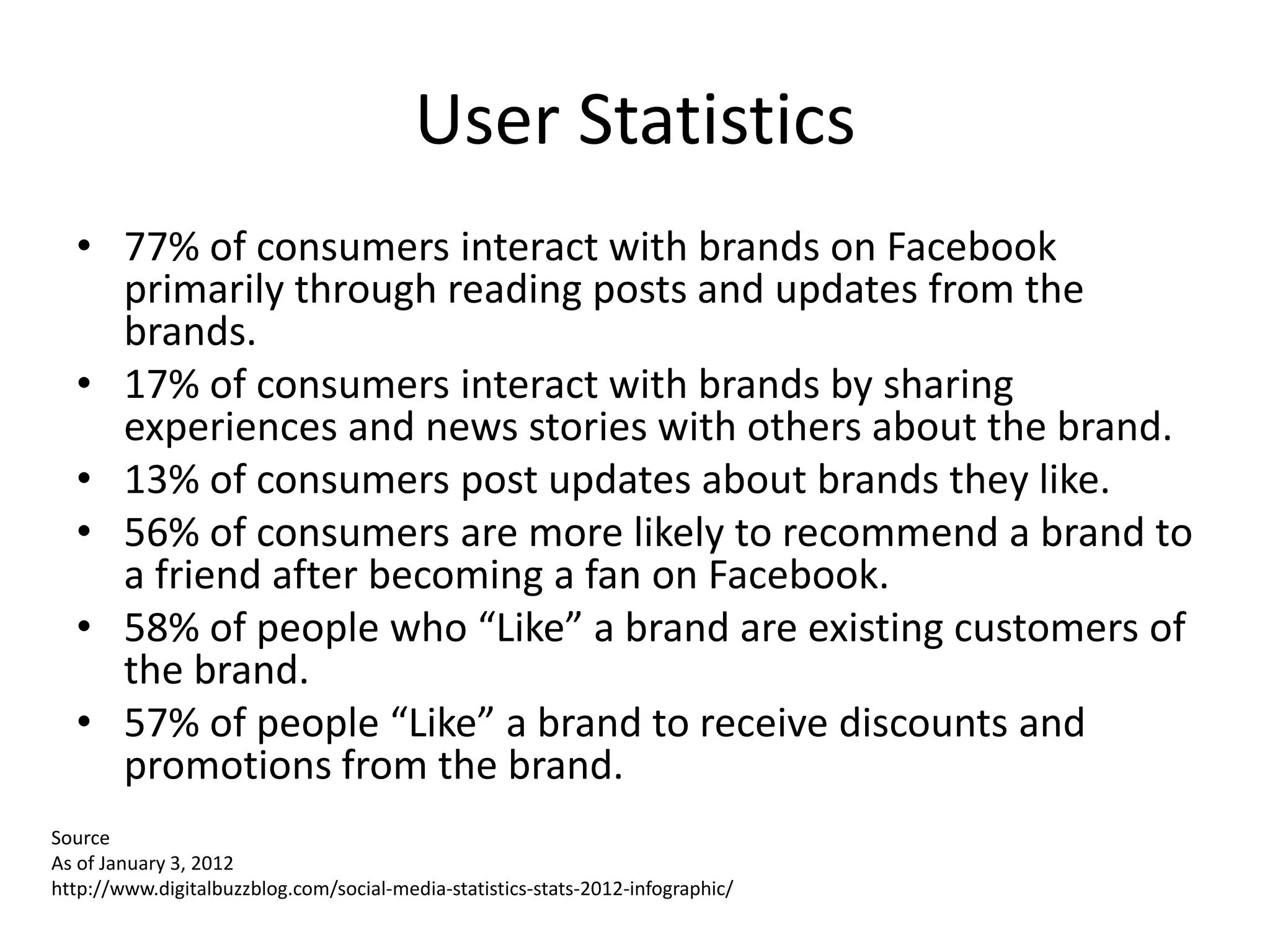 User Statistics
  • 77% of consumers interact with brands on Facebook
    primarily through reading posts and updates from the
    brands.
  • 17% of consumers interact with brands by sharing
    experiences and news stories with others about the brand.
  • 13% of consumers post updates about brands they like.
  • 56% of consumers are more likely to recommend a brand to
    a friend after becoming a fan on Facebook.
  • 58% of people who “Like” a brand are existing customers of
    the brand.
  • 57% of people “Like” a brand to receive discounts and
    promotions from the brand.
Source
As of January 3, 2012
http://www.digitalbuzzblog.com/social-media-statistics-stats-2012-infographic/
 