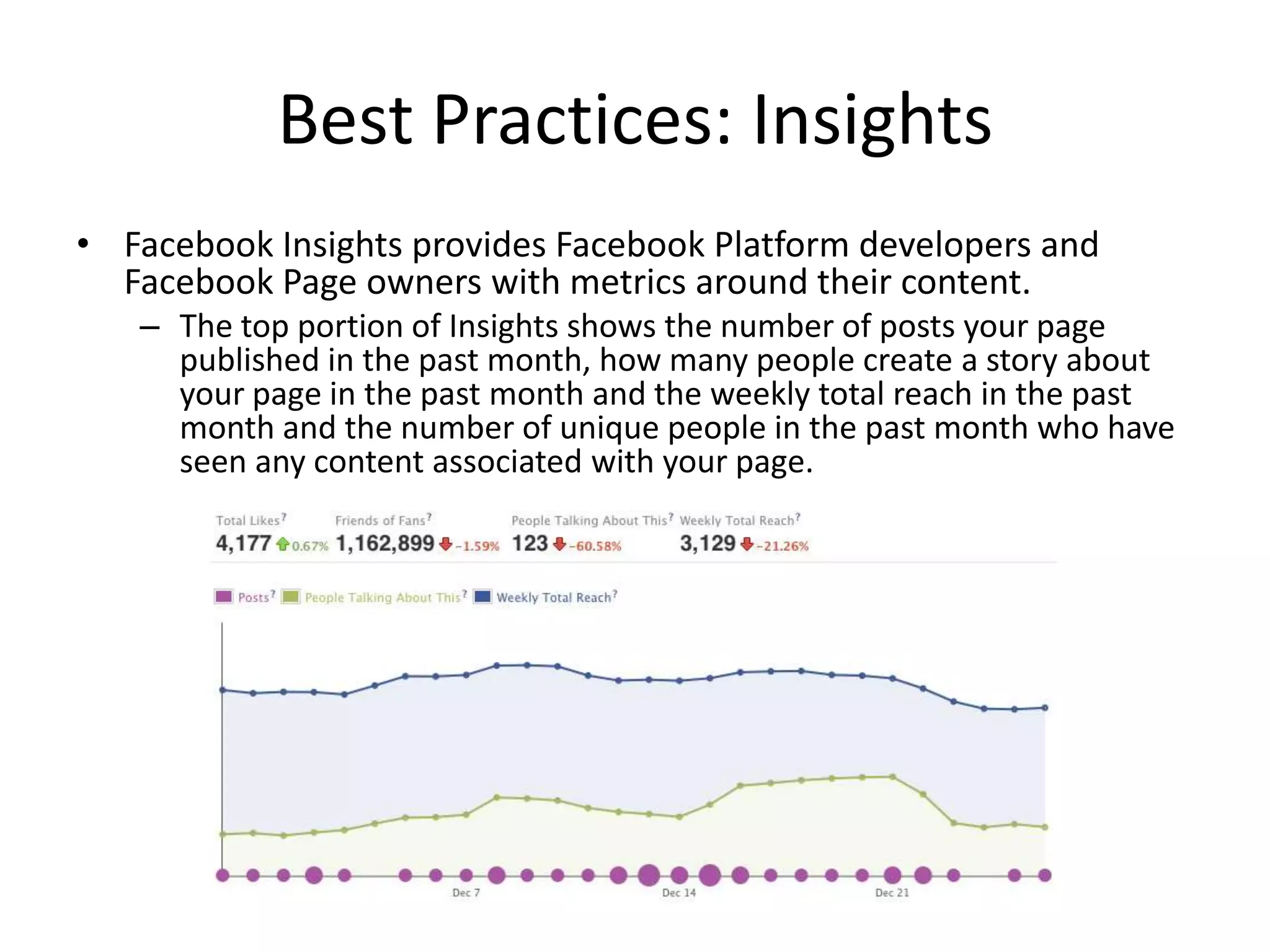 Best Practices: Insights
• Facebook Insights provides Facebook Platform developers and
  Facebook Page owners with metrics around their content.
   – The top portion of Insights shows the number of posts your page
     published in the past month, how many people create a story about
     your page in the past month and the weekly total reach in the past
     month and the number of unique people in the past month who have
     seen any content associated with your page.
 