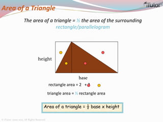 Area of a Triangle
rectangle area = 2 + 2
triangle area = ½ rectangle area
base
height
Area of a triangle = ½ base x height
The area of a triangle = ½ the area of the surrounding
rectangle/parallelogram
© iTutor. 2000-2013. All Rights Reserved
 