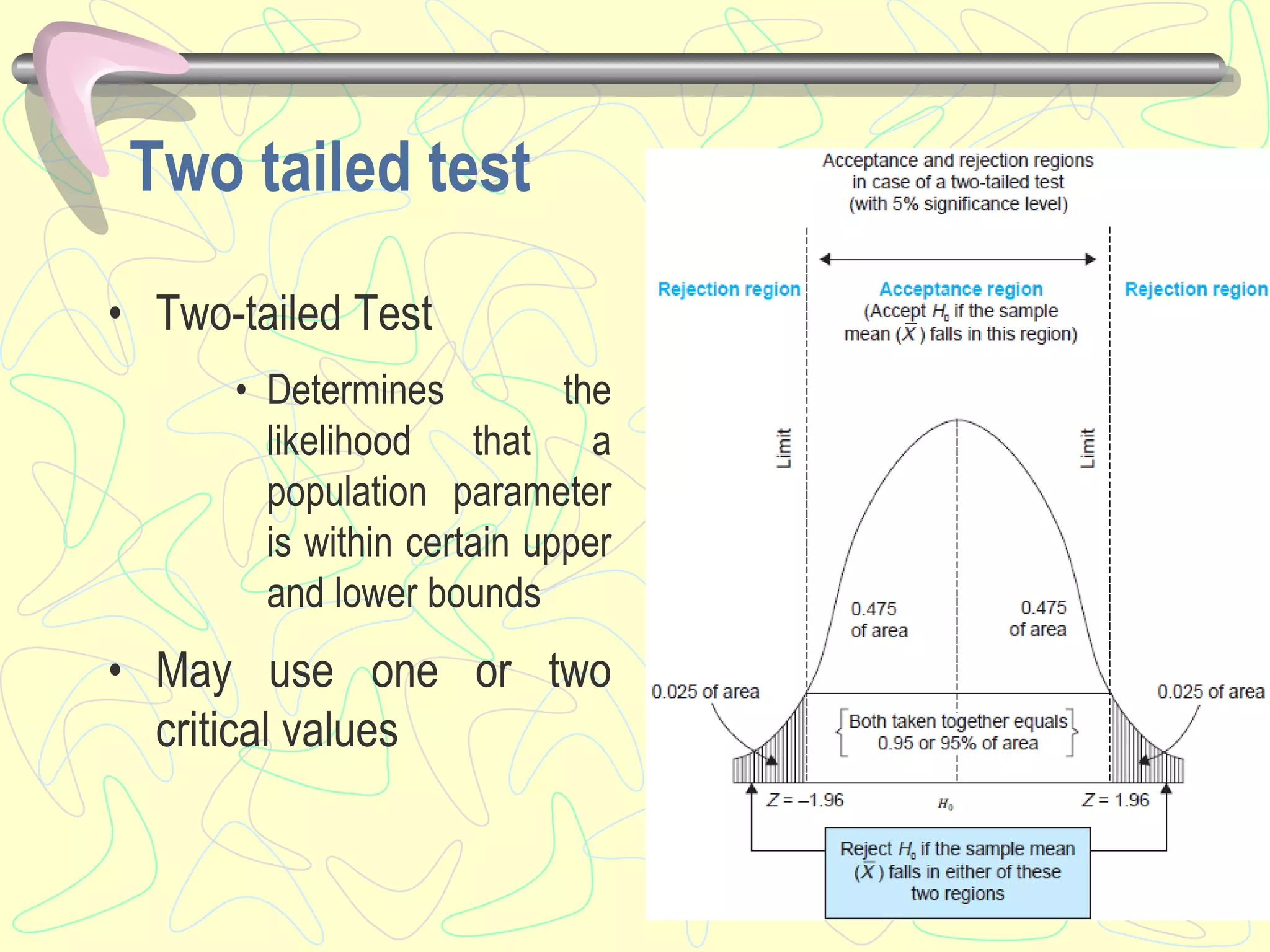 Two tailed test
• Two-tailed Test
• Determines the
likelihood that a
population parameter
is within certain upper
and lower bounds
• May use one or two
critical values
 