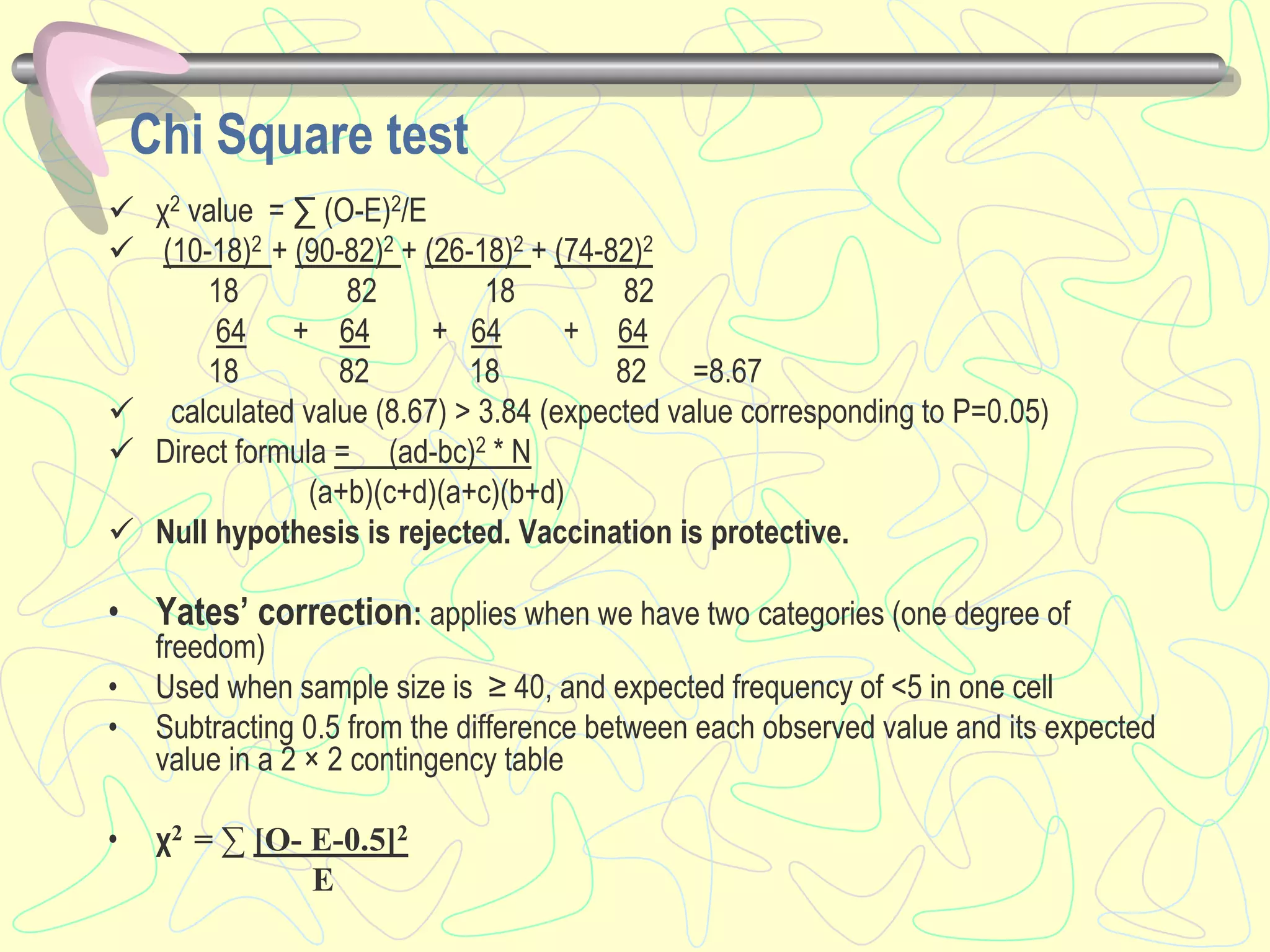 Chi Square test
 χ2 value = ∑ (O-E)2/E
 (10-18)2 + (90-82)2 + (26-18)2 + (74-82)2
18 82 18 82
64 + 64 + 64 + 64
18 82 18 82 =8.67
 calculated value (8.67) > 3.84 (expected value corresponding to P=0.05)
 Direct formula = (ad-bc)2 * N
(a+b)(c+d)(a+c)(b+d)
 Null hypothesis is rejected. Vaccination is protective.
• Yates’ correction: applies when we have two categories (one degree of
freedom)
• Used when sample size is ≥ 40, and expected frequency of <5 in one cell
• Subtracting 0.5 from the difference between each observed value and its expected
value in a 2 × 2 contingency table
• χ2 = ∑ [O- E-0.5]2
E
 