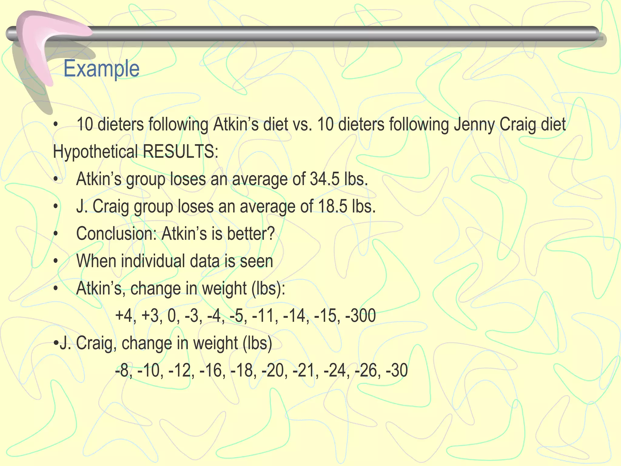 Example
• 10 dieters following Atkin’s diet vs. 10 dieters following Jenny Craig diet
Hypothetical RESULTS:
• Atkin’s group loses an average of 34.5 lbs.
• J. Craig group loses an average of 18.5 lbs.
• Conclusion: Atkin’s is better?
• When individual data is seen
• Atkin’s, change in weight (lbs):
+4, +3, 0, -3, -4, -5, -11, -14, -15, -300
•J. Craig, change in weight (lbs)
-8, -10, -12, -16, -18, -20, -21, -24, -26, -30
 