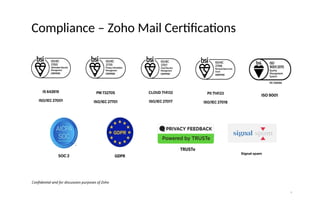 4
Compliance – Zoho Mail Certifications
Confidential and for discussion purposes of Zoho
 