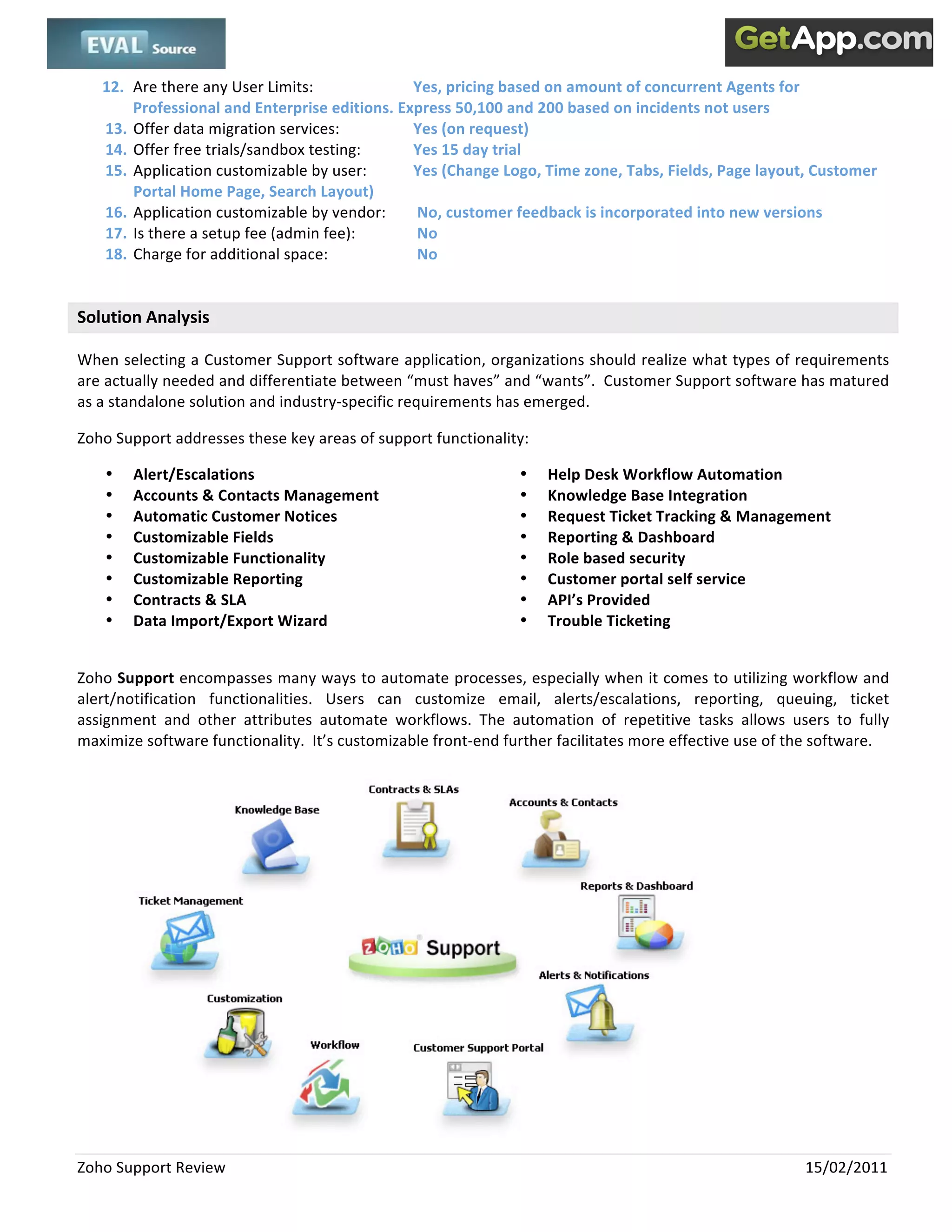  
    12. Are there any User Limits:              Yes, pricing based on amount of concurrent Agents for 
        Professional and Enterprise editions. Express 50,100 and 200 based on incidents not users   
    13. Offer data migration services:          Yes (on request) 
    14. Offer free trials/sandbox testing:      Yes 15 day trial 
    15. Application customizable by user:       Yes (Change Logo, Time zone, Tabs, Fields, Page layout, Customer    
        Portal Home Page, Search Layout) 
    16. Application customizable by vendor:      No, customer feedback is incorporated into new versions  
    17. Is there a setup fee (admin fee):        No  
    18. Charge for additional space:             No 
 

Solution Analysis 

When selecting a Customer Support software application, organizations should realize what types of requirements 
are actually needed and differentiate between “must haves” and “wants”.  Customer Support software has matured 
as a standalone solution and industry‐specific requirements has emerged.    

Zoho Support addresses these key areas of support functionality: 

    •   Alert/Escalations                                         •   Help Desk Workflow Automation 
    •   Accounts & Contacts Management                            •   Knowledge Base Integration 
    •   Automatic Customer Notices                                •   Request Ticket Tracking & Management 
    •   Customizable Fields                                       •   Reporting & Dashboard 
    •   Customizable Functionality                                •   Role based security 
    •   Customizable Reporting                                    •   Customer portal self service 
    •   Contracts & SLA                                           •   API’s Provided 
    •   Data Import/Export Wizard                                 •   Trouble Ticketing 
 

Zoho Support encompasses many ways to automate processes, especially when it comes to utilizing workflow and 
alert/notification  functionalities.  Users  can  customize  email,  alerts/escalations,  reporting,  queuing,  ticket 
assignment  and  other  attributes  automate  workflows.  The  automation  of  repetitive  tasks  allows  users  to  fully 
maximize software functionality.  It’s customizable front‐end further facilitates more effective use of the software.  




Zoho Support Review                                                                                          15/02/2011 
 