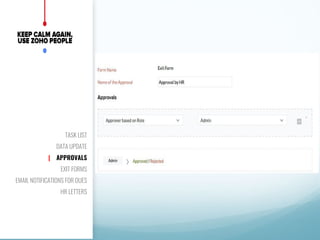 TASK LIST
DATA UPDATE
| APPROVALS
EXIT FORMS
EMAIL NOTIFICATIONS FOR DUES
HR LETTERS
 