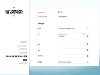 TASK LIST
DATA UPDATE
APPROVALS
EXIT FORMS
| EMAIL NOTIFICATIONS FOR
DUES
HR LETTERS
 