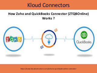 Kloud Connectors
https://www.kloudconnectors.com/zoho-to-quickbooksonline-connector
How Zoho and QuickBooks Connector (ZTQBOnline)
Works ?
 