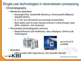 Single-use technologies in downstream processing
• Chromatography
• Membrane adsorbers
• Mustang® (Pall), Sartobind® (Sartorius), Chromasorb® (Millipore),
Adsept® (Natrix),
• Q, S, HIC and salt-tolerant ion-exchange functionalities
• Most widely used for trace impurity removal in a flow-through mode
(DNA, endotoxin, viral clearance)
• Pre-packed chromatography columns
• ReadyToProcess (GE Healthcare), Opus (Repligen), GoPure (Life
Technologies)
• Monoliths
• CIM monoliths (BIA Separations), Uno monoliths (Biorad)
Up to 20 cm D
available
 