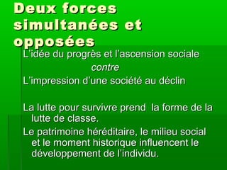 Deux forcesDeux forces
simultanées etsimultanées et
opposéesopposées
L’idée du progrès et l’ascension socialeL’idée du progrès et l’ascension sociale
contrecontre
L’impression d’une société au déclinL’impression d’une société au déclin
La lutte pour survivre prend la forme de laLa lutte pour survivre prend la forme de la
lutte de classe.lutte de classe.
Le patrimoine héréditaire, le milieu socialLe patrimoine héréditaire, le milieu social
et le moment historique influencent leet le moment historique influencent le
développement de l’individu.développement de l’individu.
 