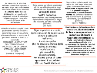 Kairòs Solutions s.r.l www.kairossolutions.it info@kairossolutions.it
Come accade per l’albero sarebbe per
tutti noi una sfida interessante poter
allungare in ogni direzione possibile
la totalità delle
nostre capacità.
Perché non fare tutto ciò che possiamo,
ogni momento che possiamo, il meglio
che possiamo, per tutto il tempo che
possiamo?
(Jim Rohn)
Se, da un lato, è possibile
coltivare convinzioni riguardo a
se stessi e agli altri chiaramente
limitanti o irrealistiche, dall’altro
il sistema delle nostre
credenze è un quadro che
abbiamo il potere di esaminare
ed eventualmente ricostruire
(Joseph O’Connor e Ian
McDermott)
Quando arriviamo a capire come
(piuttosto he perché) una certa
esperienza venga creata, allora
stiamo esplorando la struttura e il
processo, anziché la storia o il
contenuto.
CAMBIANDO LA STRUTTURA
DELL’ESPERIENZA O IL
PROCESSO CHE LA GENERA,
CAMBIAMO L’ESPERIENZA
STESSA.
(Bandler e Thompson)
Qualsiasi cosa tu faccia produce
un risultato. Aumentando
la tua consapevolezza
impari a calibrare i
risultati che ottieni: lo
stato che stai sollecitando, i
comportamenti che stai
provocando, le risposte che stai
raccogliendo. Calibrando i
risultati, puoi concentrarti sulle
cose che funzionano e ottenere
i risultati in modo più efﬁciente.	
(James e Shephard)	
Senza i tuoi collaboratori, ben
pochi dei tuoi sogni e dei tuoi
piani diventerebbero realtà.
Cogli tutte le opportunità che
ti si presentano per
esprimere il tuo riconosci-
mento del contributo di coloro
che ti circondano, e apprezza i
loro meriti, specialmente in
pubblico.
(Stever Robbins)
 
Ogni esperienza vissuta,
ogni realtà con la quale siamo
venuti a contatto
nella vita
è uno scalpello
che ha creato la statua della
nostra esistenza
modellandola,
plasmandola,
modificandola.
Noi siamo parte di tutto
quanto ci è accaduto
(Orison Swett Marden)
 