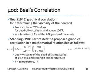 μod: Beal’s Correlation
Beal (1946) graphical correlation
for determining the viscosity of the dead oil
From a total of 753 values
for dead-oil viscosity at and above 100°F,
as a function of T and the API gravity of the crude
Standing (1981) expressed the proposed graphical
correlation in a mathematical relationship as follows:
μod = viscosity of the dead oil as measured
at 14.7 psia and reservoir temperature, cp
T = temperature, °R
Spring14 H. AlamiNia Reservoir Fluid Properties Course (3rd Ed.) 18
 
