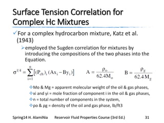 Surface Tension Correlation for
Complex Hc Mixtures
For a complex hydrocarbon mixture, Katz et al.
(1943)
employed the Sugden correlation for mixtures by
introducing the compositions of the two phases into the
Equation.
Mo & Mg = apparent molecular weight of the oil & gas phases,
xi and yi = mole fraction of component i in the oil & gas phases,
n = total number of components in the system,
ρo & ρg = density of the oil and gas phase, lb/ft3
Spring14 H. AlamiNia Reservoir Fluid Properties Course (3rd Ed.) 31
 