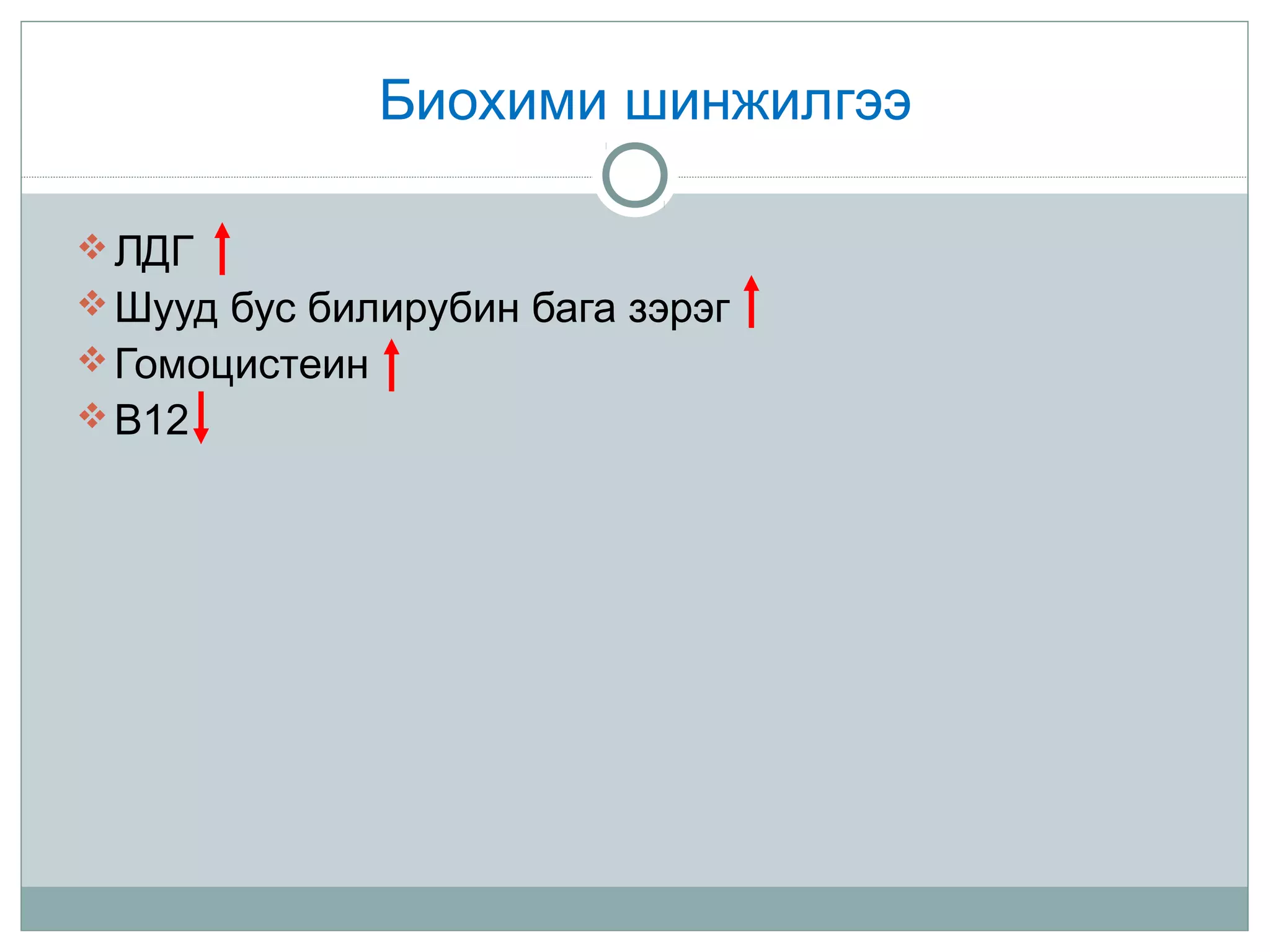 Биохими шинжилгээ
ЛДГ
Шууд бус билирубин бага зэрэг
Гомоцистеин
B12
 