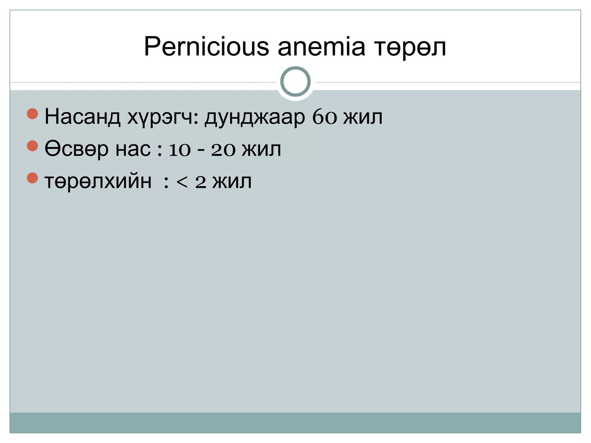 Pernicious anemia төрөл
Насанд хүрэгч: дунджаар 60 жил
Өсвөр нас : 10 - 20 жил
төрөлхийн : < 2 жил
 