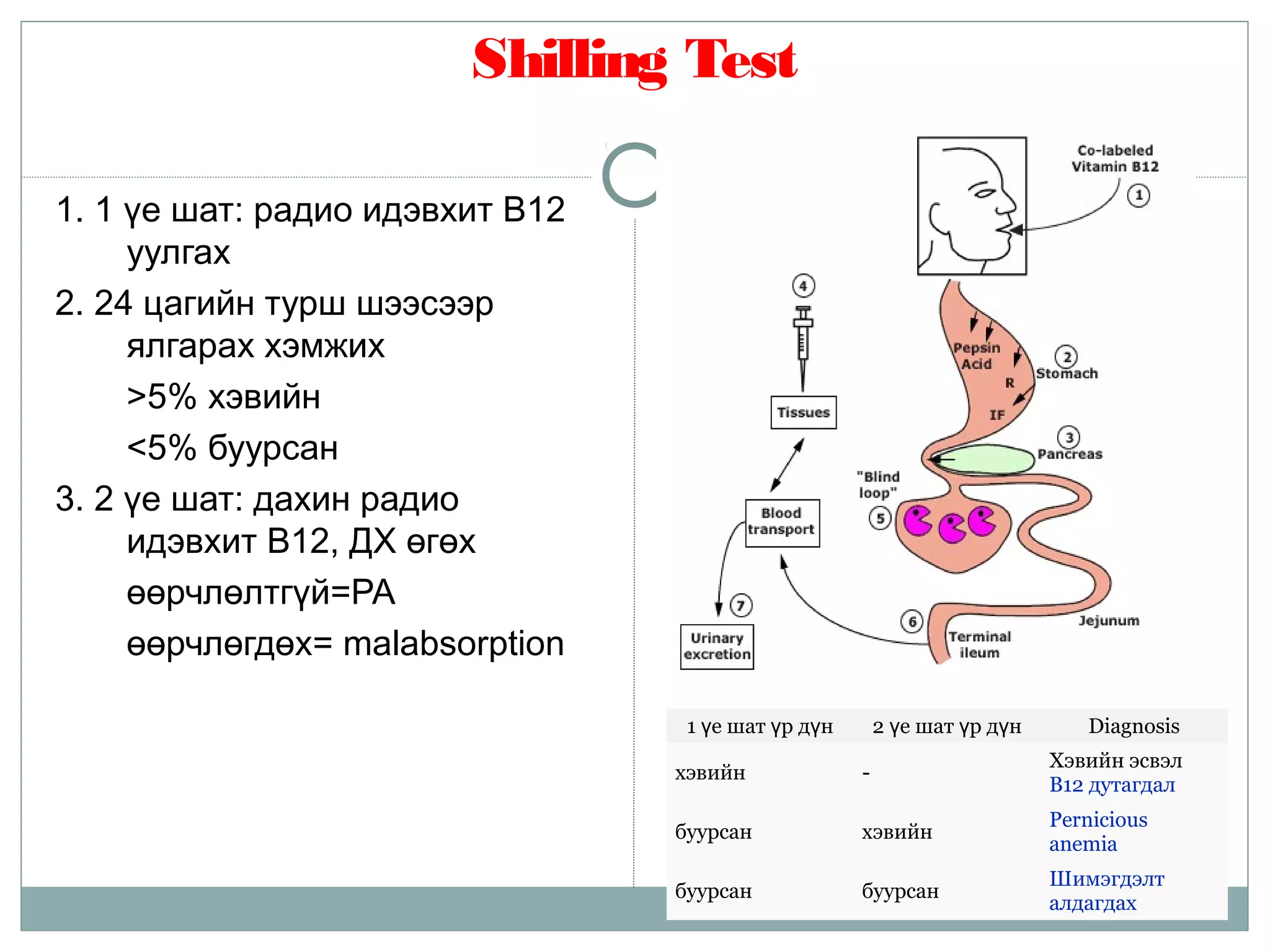 Shilling Test
1. 1 үе шат: радио идэвхит В12
уулгах
2. 24 цагийн турш шээсээр
ялгарах хэмжих
>5% хэвийн
<5% буурсан
3. 2 үе шат: дахин радио
идэвхит В12, ДХ өгөх
өөрчлөлтгүй=PA
өөрчлөгдөх= malabsorption
1 е шат р д нү ү ү 2 е шат р д нү ү ү Diagnosis
хэвийн -
Хэвийн эсвэл
В12 дутагдал
буурсан хэвийн
Pernicious
anemia
буурсан буурсан
Шимэгдэлт
алдагдах
 