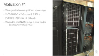 Motivation #1
4
§ Were great when we got them – years ago
§ 2xE5-2630v3 – 2x8 cores @ 2.4GHz
§ 2x10Gbit LACP, flat L2 network
§ Wanted to add NVMe to our current nodes
– E5-2630v3 / 64GB RAM
 