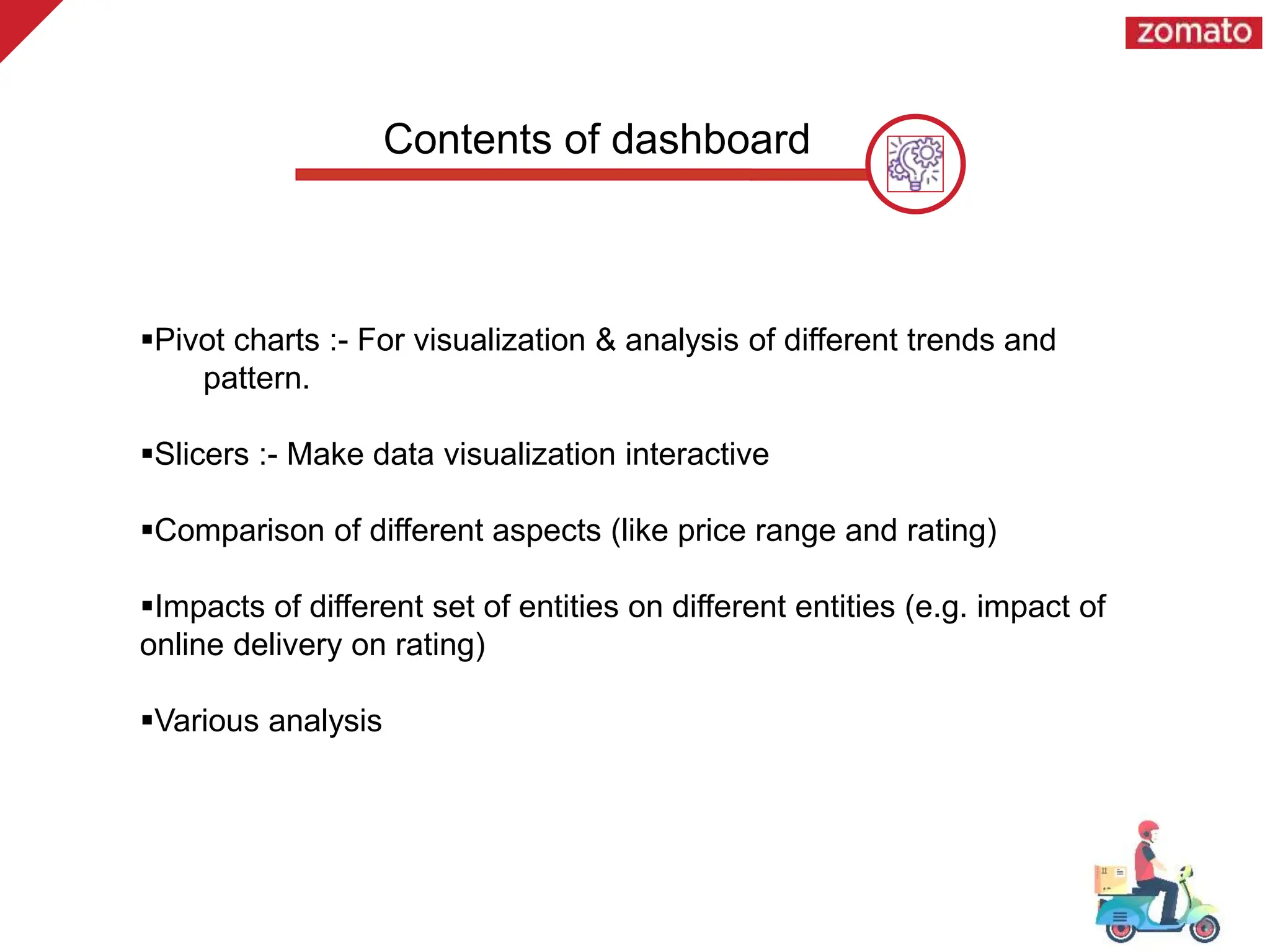 Pivot charts :- For visualization & analysis of different trends and
pattern.
Slicers :- Make data visualization interactive
Comparison of different aspects (like price range and rating)
Impacts of different set of entities on different entities (e.g. impact of
online delivery on rating)
Various analysis
Contents of dashboard
 