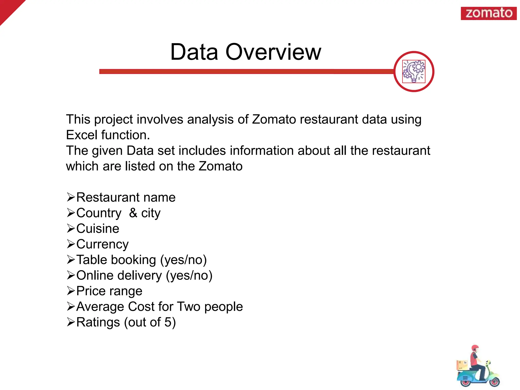 Data Overview
This project involves analysis of Zomato restaurant data using
Excel function.
The given Data set includes information about all the restaurant
which are listed on the Zomato
Restaurant name
Country & city
Cuisine
Currency
Table booking (yes/no)
Online delivery (yes/no)
Price range
Average Cost for Two people
Ratings (out of 5)
 