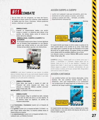 Dice value: 1.
Las armas cuerpo a
cuerpo están marcadas
con el símbolo cuerpo
a cuerpo.
Las armas a distancia
están marcadas con el
símbolo a distancia.
#11 COMBATE
ACCIÓN CUERPO A CUERPO
Lucho con cualquier cosa que encuentro, pero me
enamora la lucha cuerpo a cuerpo. Las armas
No se trata solo de venganza, se trata del futuro.
Pasamos la mayor parte de nuestras vidas doblando
la rodilla ante los ricos y famosos. ¡Ahora podemos
luchar y disfrutar a lo grande!
cuerpo a cuerpo son más... salvajes, ya sabes.
Especialmente motosierras.
- Wanda
- Amy
SÍMBOLO DADO
Cuando un Superviviente realiza una acción
cuerpo a cuerpo o a distancia para atacar a los
zombis, tira tantos dados como el número de
dados del arma utilizada.
SÍMBOLO DUAL: CUERPO A CUERPO Y A
DISTANCIA
Si el Superviviente activo tiene 2 armas idénticas
con el símbolo Dual equipadas en sus Manos,
puede usar ambas armas en una sola Acción.
Ambas armas deben apuntar a la misma Zona.
EJEMPLO: Josh tiene 2 pistolas en sus manos. La pistola
tiene el símbolo Dual, por lo que Josh puede disparar ambas
simultáneamente. Esto le permite lanzar 2 dados (1 por cada
pistola) con una sola acción a distancia.
SÍMBOLO PRECISIÓN
Cada dado que iguale o supere el valor de
Precisión del arma impacta con éxito. Los
ataques a distancia fallidos pueden provocar
fuego amigo (pág. 28).
IMPORTANTE: La precision minima es siempre 2+.
SÍMBOLO DAÑO
Cada Impacto inflige la cantidad de daño indicado
por el valor de daño del arma a un solo objetivo. Si
se eliminan todos los objetivos, se pierden los
impactos adicionales.
• • Los Caminantes y Corredores mueren con un Impacto de
Daño 1 (o más).
• • Los gordos mueren con un Impacto de Daño 2. El Daño 1 no
tiene ningún efecto sobre ellos, no importa cuántas veces un
Superviviente los impacte.
• • Las abominaciones mueren con un Impacto de Daño 3. En
cualquier caso, ¡un Molotov funciona!
Un superviviente que tenga un arma cuerpo a cuerpo en la
mano puede atacar a los zombis en su zona. Cada dado
que salga igual o superior al valor de Precisión en la carta
del arma es un golpe exitoso. El jugador divide sus golpes
como desee entre los posibles objetivos de su Zona.
Los ataques cuerpo a cuerpo fallados NO pueden causar
fuego amigo (pág. 28).
EJEMPLO: Doug y Ostara están en la misma zona que 1
Gordo, 1 Caminante y 1 Corredor. Ostara ataca con su
Katana. Saca un 2 y un 5, lo que significa 1 impacto. La
Katana tiene Daño 1, por lo que no puede dañar al Gordo.
Ostara asigna su golpe al Corredor, eliminándolo. Es una
acción cuerpo a cuerpo, por lo que, aunque falló, Doug está a
salvo de los cortes de Ostara.
ACCIÓN A DISTANCIA
Los zombis luchan con las manos desnudas, como
bestias. Por eso prefiero luchar contra ellos a
distancia. ¿Por qué exponernos si la civilización
nos proporcionó la seguridad de la distancia y una
potencia de fuego superior?
- Elle
Un superviviente que tenga un arma a distancia en la mano
puede disparar a una zona dentro del alcance del arma y en
línea de visión (pág.10).
27
REGLAS
ZOMBICIDE
2ª
EDICIÓN
 