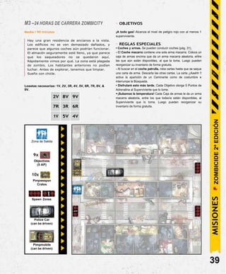 Pimpmobile
(can be driven)
M3 –24 HORAS DE CARRERA ZOMBICITY
Media / 90 minutos
Hay una gran residencia de ancianos a la vista.
Los edificios no se ven demasiado dañados, y
parece que algunos coches aún podrían funcionar.
El almacén seguramente esté lleno, ya que parece
que los saqueadores no se quedaron aquí.
Rápidamente vimos por qué. La zona está plagada
de zombis. Los habitantes anteriores no podían
luchar. Antes de explorar, tenemos que limpiar.
Sueño con chicle.
Losetas necesarias: 1V, 2V, 3R, 4V, 5V, 6R, 7R, 8V, &
9V.
2V 8V 9V
7R 3R 6R
1V 5V 4V
- OBJETIVOS
¡A todo gas! Alcanza el nivel de peligro rojo con al menos 1
superviviente.
- REGLAS ESPECIALES
• Coches y armas. Se pueden conducir coches (pág. 31).
- El Coche macarra contiene una sola arma macarra. Coloca un
caja de armas encima que da un arma macarra aleatoria, entre
las que aún están disponibles, al que la toma. Luego pueden
reorganizar su inventario de forma gratuita.
- Al buscar en el coche patrulla, roba cartas hasta que se saque
una carta de arma. Descarta las otras cartas. La carta ¡¡Aaahh !!
activa la aparición de un Caminante como de costumbre e
interrumpe la Búsqueda.
• Disfrutaré esto más tarde. Cada Objetivo otorga 5 Puntos de
Adrenalina al Superviviente que lo tome.
•¡Subamos la temperatura! Cada Caja de armas le da un arma
macarra aleatoria, entre los que todavía están disponibles, al
Superviviente que lo toma. Luego pueden reorganizar su
inventario de forma gratuita.
39
Zona de Salida
9x
Objectives
(5 AP)
10x
Pimpweapon
Crates
Police Car
(can be driven)
Spawn Zones
MISIONES
ZOMBICIDE
2ª
EDICIÓN
 