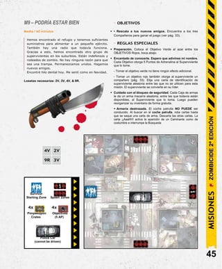 Survivor
Starting Zone Spawn Zones
4x 4x
Pimpweapon Objectives
Crates (5 AP)
Police Car
(cannot be driven)
M9 – PODRÍA ESTAR BIEN
Media / 60 minutos
Hemos encontrado el refugio y tenemos suficientes
suministros para alimentar a un pequeño ejército.
También hay una radio que todavía funciona.
Gracias a esto, hemos encontrado otro grupo de
supervivientes en los suburbios. Están indefensos y
rodeados de zombis. No hay ninguna razón para que
sea una trampa. Permanezcamos unidos. Hagamos
nuevos amigos.
Encontré hilo dental hoy. Me sentí como en Navidad.
Losetas necesarias: 2V, 3V, 4V, & 9R.
- OBJETIVOS
• • Rescata a tus nuevos amigos. Encuentra a los tres
Compañeros para ganar el juego (ver pág. 33).
- REGLAS ESPECIALES
• Preparación. Coloca el Objetivo Verde al azar entre los
OBJETIVOS Rojos, boca abajo.
• Encantado de conocerte. Espero que adivines mi nombre.
Cada Objetivo otorga 5 Puntos de Adrenalina al Superviviente
que lo tome.
- Tomar el objetivo verde no tiene ningún efecto adicional.
- Tomar un objetivo rojo también otorga al superviviente un
compañero (pág. 33). Elija una carta de identificación de
superviviente aleatoria entre las que no se utilicen para esta
misión. El superviviente se convierte en su líder.
• Cuidado con el bloqueo de seguridad. Cada Caja de armas
le da un arma macarra aleatoria, entre las que todavía están
disponibles, al Superviviente que lo toma. Luego pueden
reorganizar su inventario de forma gratuita.
• Armería destrozada. El coche patrulla NO PUEDE ser
conducido. Al buscar en el coche patrulla, roba cartas hasta
que se saque una carta de arma. Descarta las otras cartas. La
carta ¡¡Aaahh!! activa la aparición de un Caminante como de
costumbre e interrumpe la Búsqueda
.
4V 2V
9R 3V
45
MISIONES
ZOMBICIDE
2ª
EDICIÓN
 
