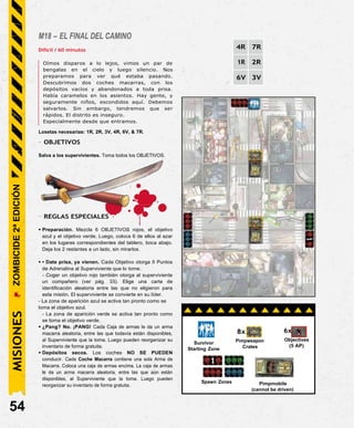 M18 – EL FINAL DEL CAMINO
Difícil / 60 minutos
Oímos disparos a lo lejos, vimos un par de
bengalas en el cielo y luego silencio. Nos
preparamos para ver qué estaba pasando.
Descubrimos dos coches macarras, con los
depósitos vacíos y abandonados a toda prisa.
Había caramelos en los asientos. Hay gente, y
seguramente niños, escondidos aquí. Debemos
salvarlos. Sin embargo, tendremos que ser
rápidos. El distrito es inseguro.
Especialmente desde que entramos.
Losetas necesarias: 1R, 2R, 3V, 4R, 6V, & 7R.
- OBJETIVOS
Salva a los supervivientes. Toma todos los OBJETIVOS.
- REGLAS ESPECIALES
• Preparación. Mezcla 6 OBJETIVOS rojos, el objetivo
azul y el objetivo verde. Luego, coloca 6 de ellos al azar
en los lugares correspondientes del tablero, boca abajo.
Deja los 2 restantes a un lado, sin mirarlos.
• • Date prisa, ya vienen. Cada Objetivo otorga 5 Puntos
de Adrenalina al Superviviente que lo tome.
- Coger un objetivo rojo también otorga al superviviente
un compañero (ver pág. 33). Elige una carta de
identificación aleatoria entre las que no eligieron para
esta misión. El superviviente se convierte en su líder.
- La zona de aparición azul se activa tan pronto como se
toma el objetivo azul.
- La zona de aparición verde se activa tan pronto como
se toma el objetivo verde.
• ¿Pang? No. ¡PANG! Cada Caja de armas le da un arma
macarra aleatoria, entre las que todavía están disponibles,
al Superviviente que la toma. Luego pueden reorganizar su
inventario de forma gratuita.
• Depósitos secos. Los coches NO SE PUEDEN
conducir. Cada Coche Macarra contiene una sola Arma de
Macarra. Coloca una caja de armas encima. La caja de armas
le da un arma macarra aleatoria, entre las que aún están
disponibles, al Superviviente que la toma. Luego pueden
reorganizar su inventario de forma gratuita.
54
Pimpmobile
(cannot be driven)
Spawn Zones
6x
Objectives
(5 AP)
8x
Pimpweapon
Crates
Survivor
Starting Zone
MISIONES
ZOMBICIDE
2ª
EDICIÓN
4R 7R
1R 2R
6V 3V
 