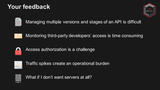 Your feedback
Managing multiple versions and stages of an API is difficult
Monitoring third-party developers’ access is ti...