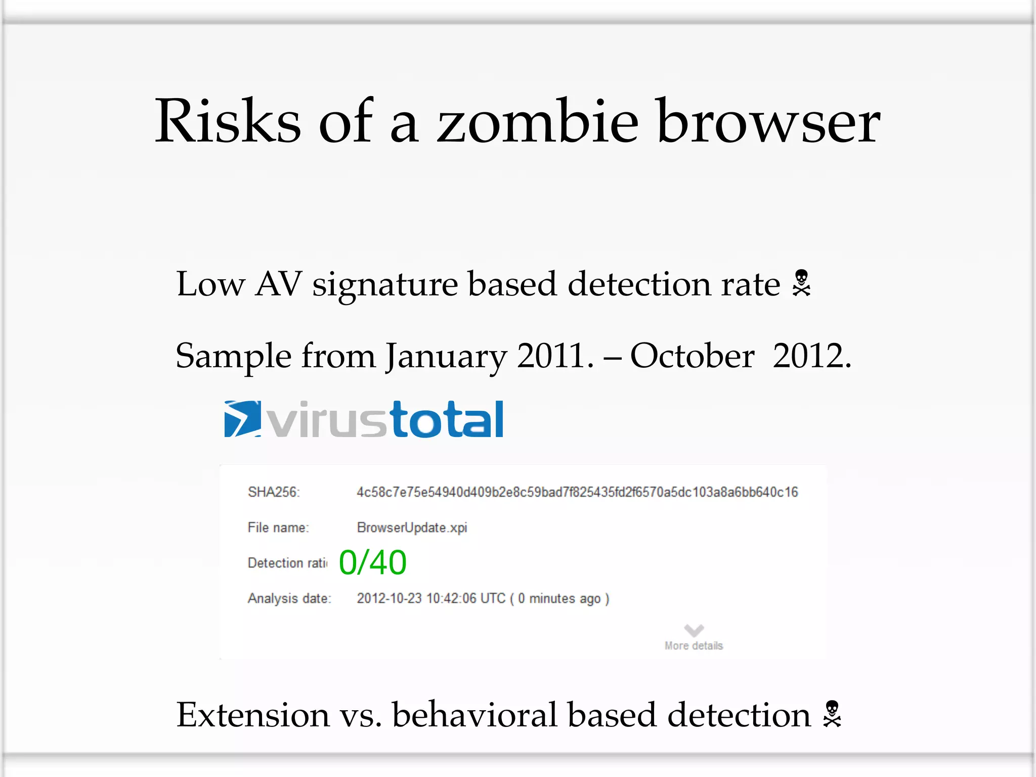 Risks of a zombie browser

• Low AV signature based detection rate 
• Sample from January 2011. – October 2012.


            0/40



• Extension vs. behavioral based detection 
 