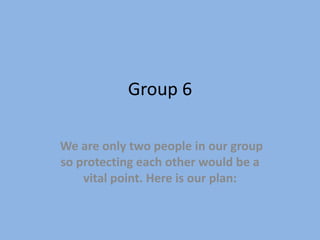 Group 6

We are only two people in our group
so protecting each other would be a
    vital point. Here is our plan:
 