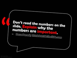 Don’t read the numbers on the slide. Explain why the numbers are important. - Dave Paradi, ThinkOutsideTheSlide.com
 