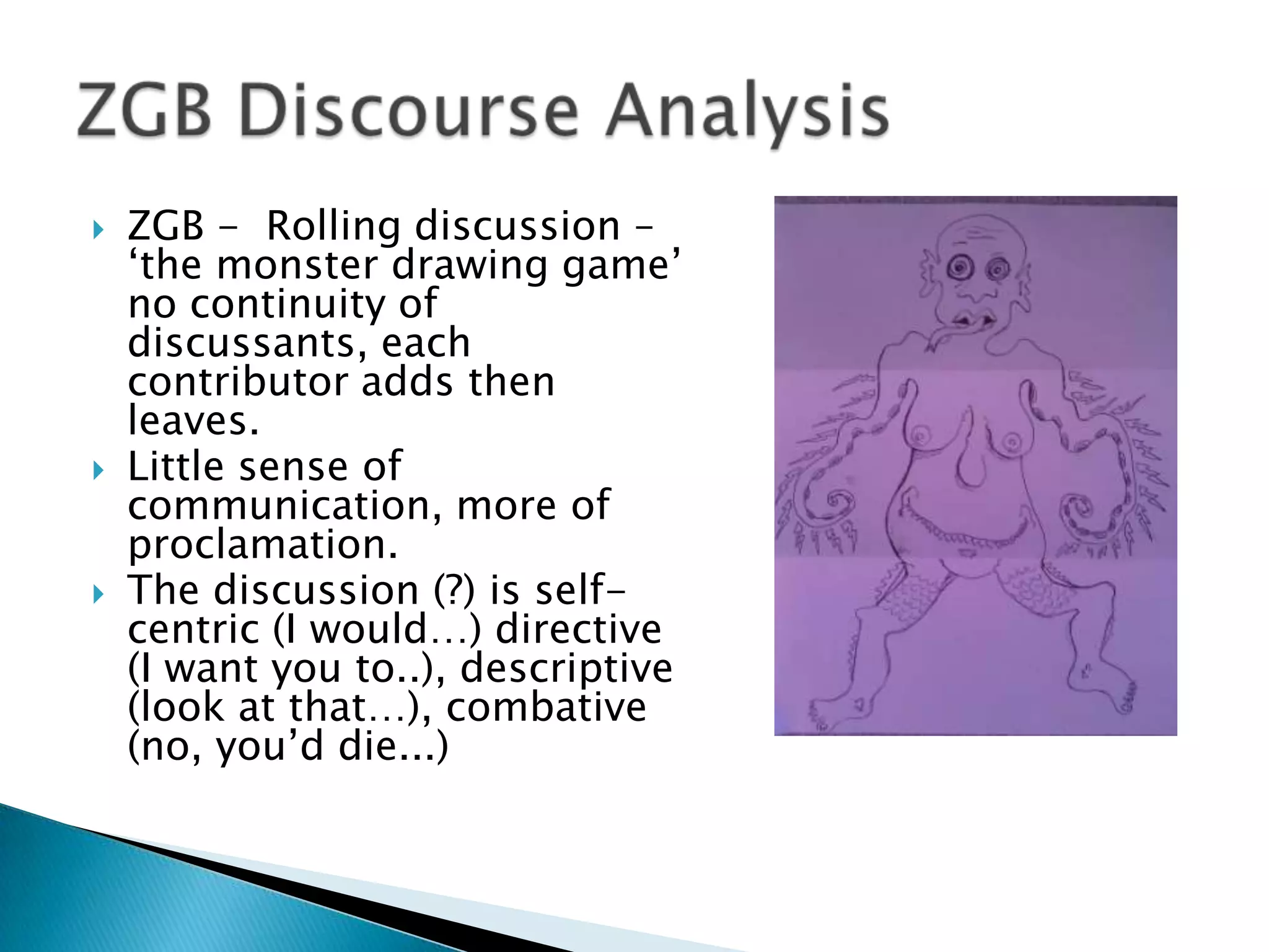    ZGB - Rolling discussion –
    „the monster drawing game‟
    no continuity of
    discussants, each
    contributor adds then
    leaves.
   Little sense of
    communication, more of
    proclamation.
   The discussion (?) is self-
    centric (I would…) directive
    (I want you to..), descriptive
    (look at that…), combative
    (no, you‟d die...)
 
