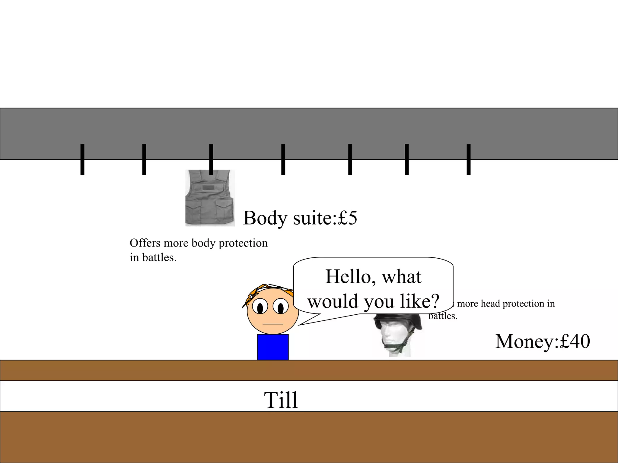 Till Money:£40 Body suite:£5 Offers more body protection in battles. Offers more head protection in battles. Helmet:£5 Hello, what would you like? 