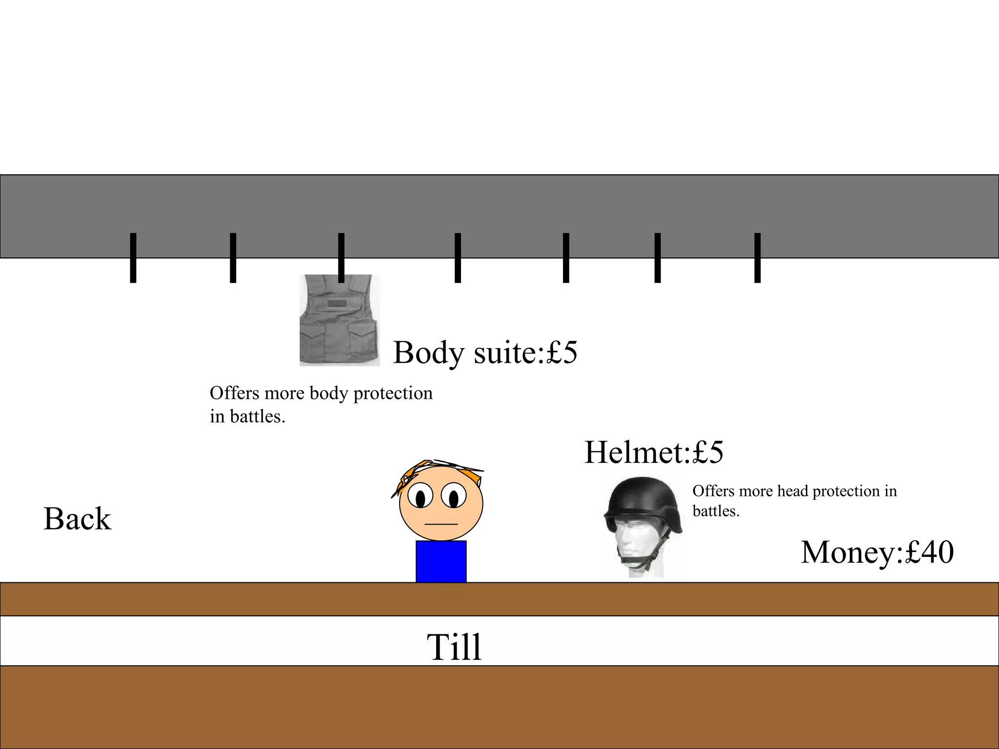 Till Money:£40 Body suite:£5 Offers more body protection in battles. Offers more head protection in battles. Helmet:£5 Back 
