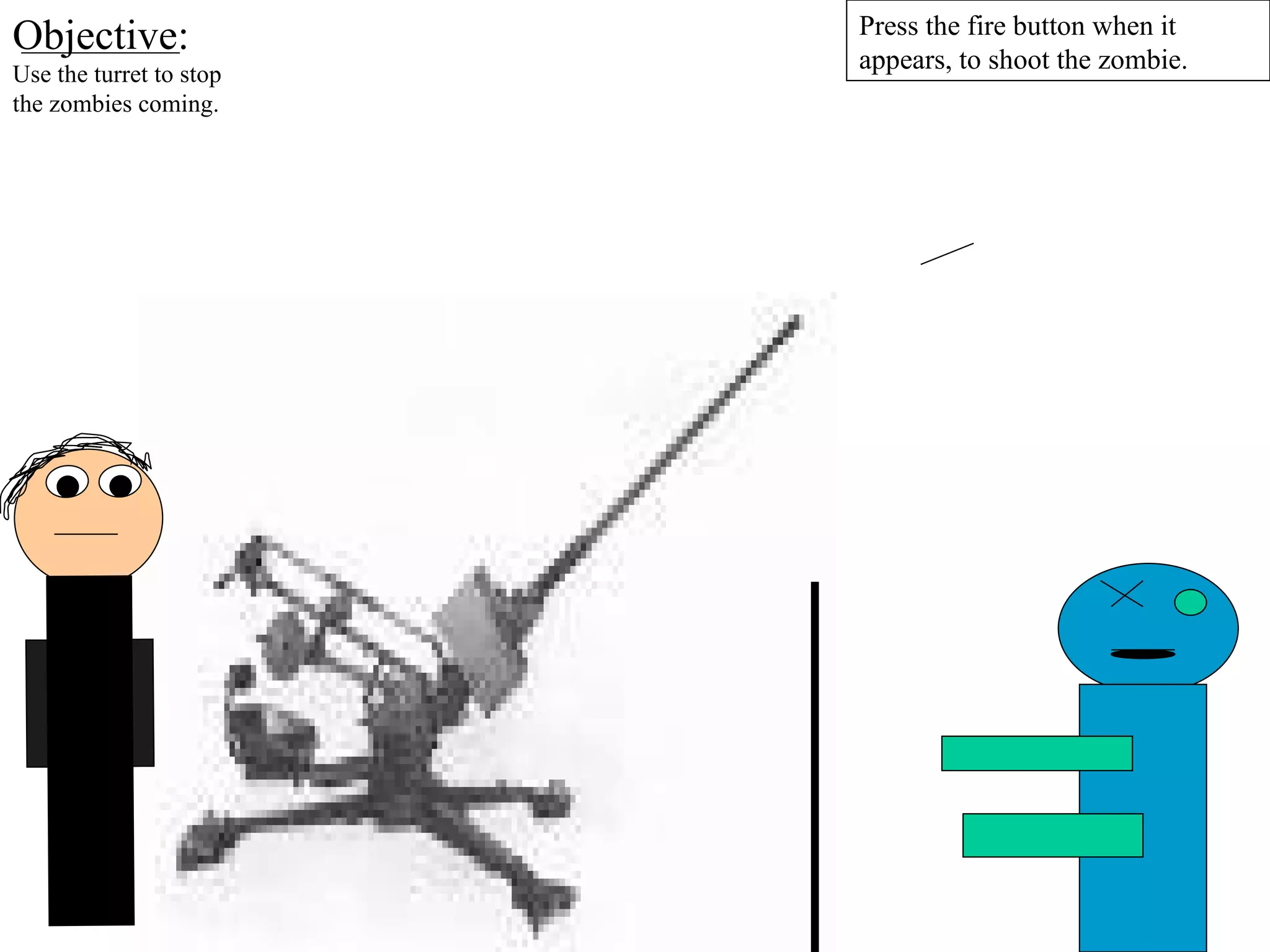 Press the fire button when it appears, to shoot the zombie. Objective:  Use the turret to stop the zombies coming. 