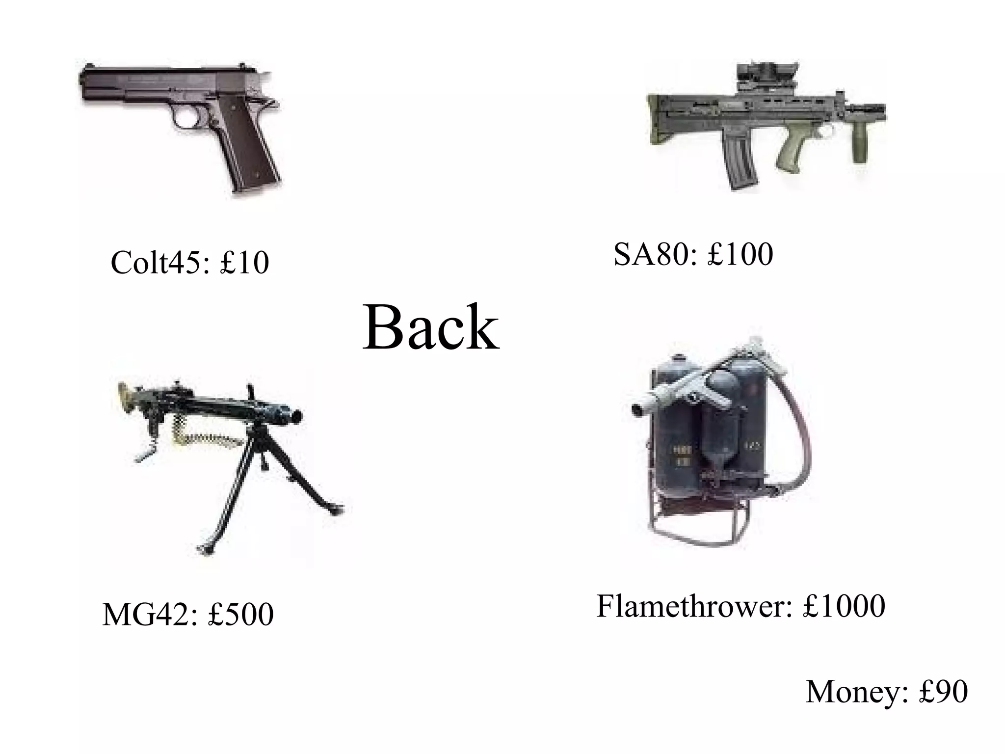 Money: £90 Colt45: £10 SA80: £100 MG42: £500 Flamethrower: £1000 Back 