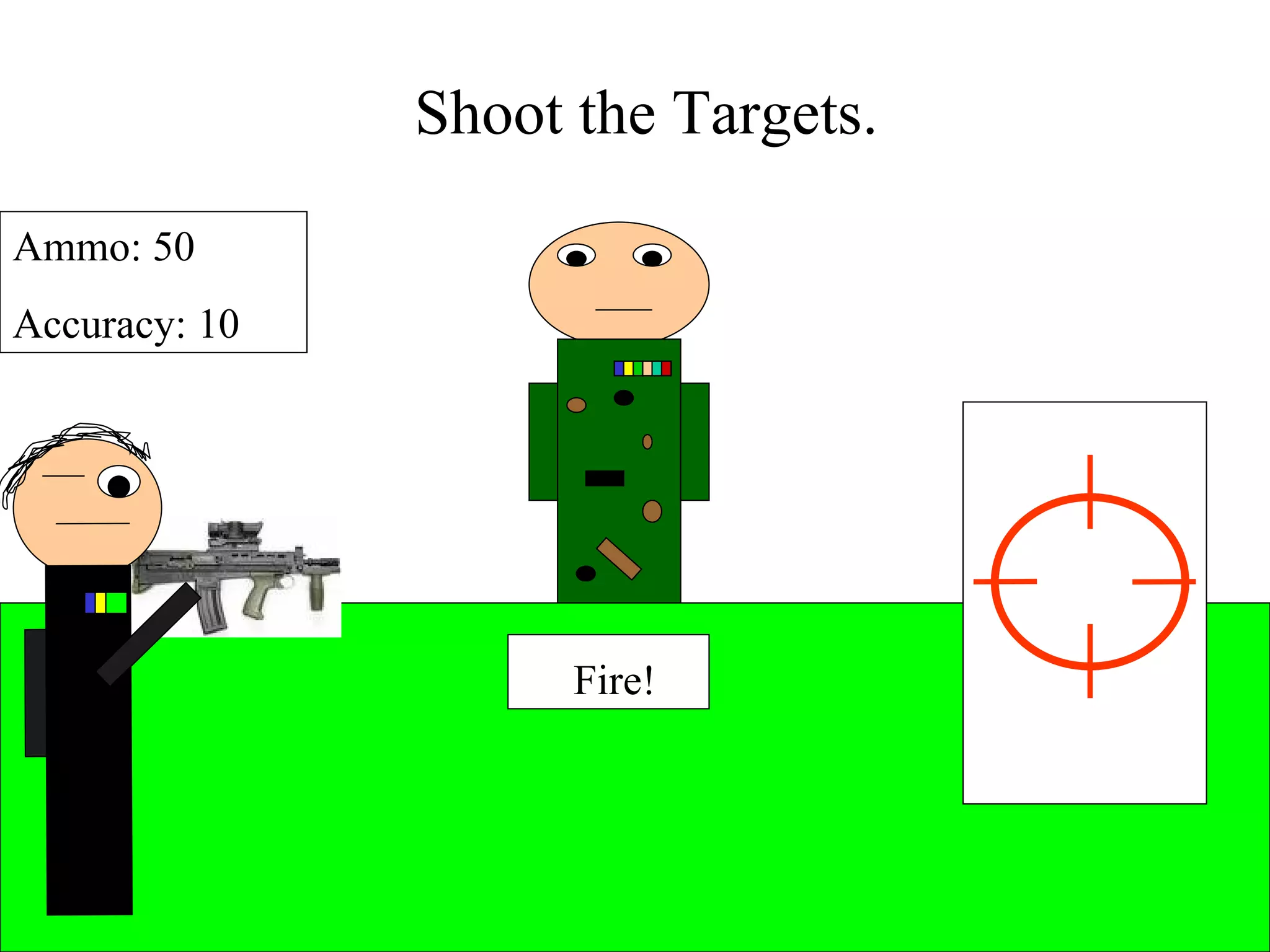 Shoot the Targets. Ammo: 50  Accuracy: 10 Fire! 